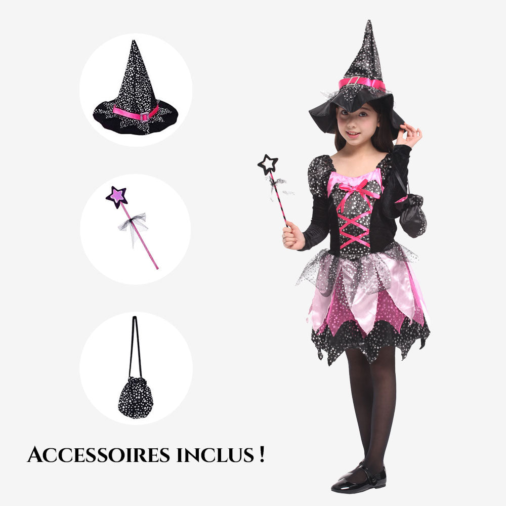 Déguisement de petite sorcière rose et noire