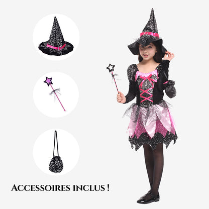 Déguisement de petite sorcière rose et noire