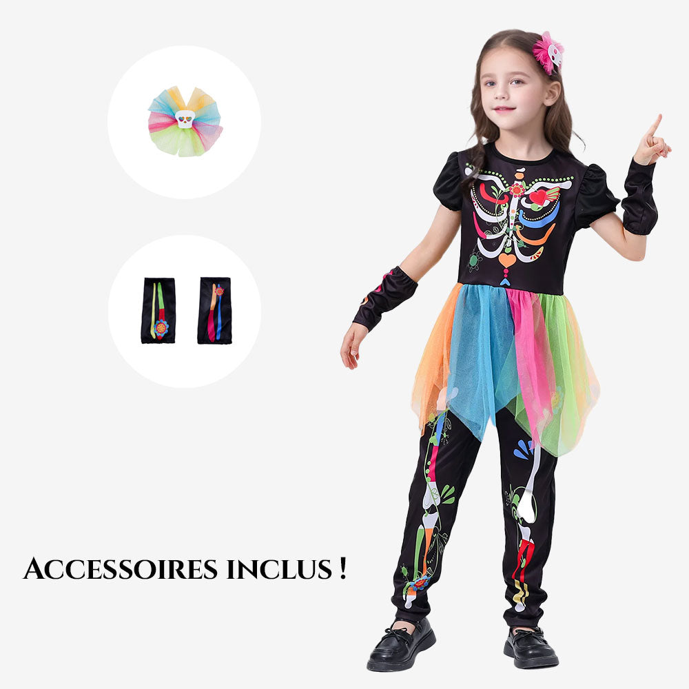 Déguisement squelette multicolore fille