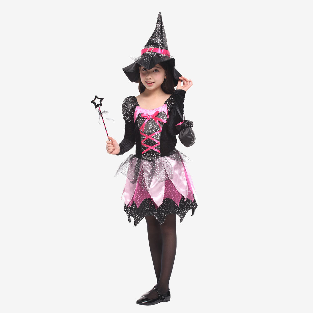 Déguisement de petite sorcière rose et noire