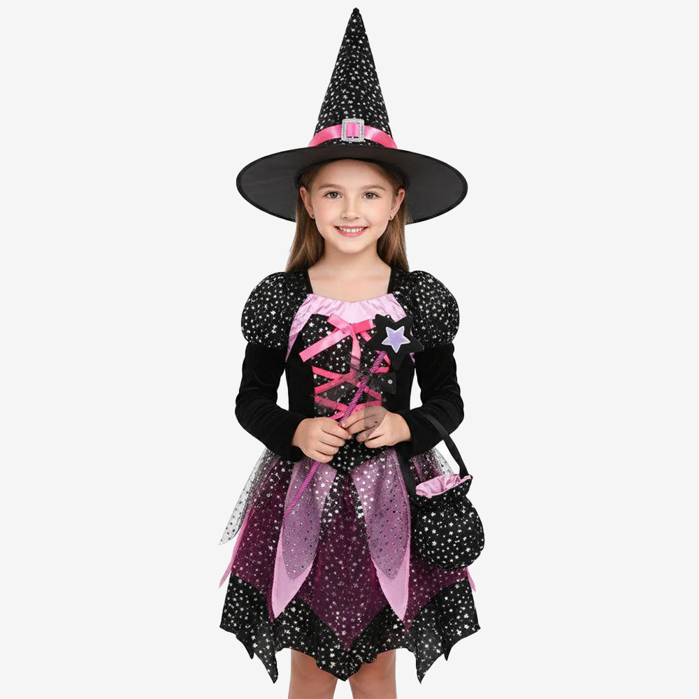 Déguisement de petite sorcière rose et noire
