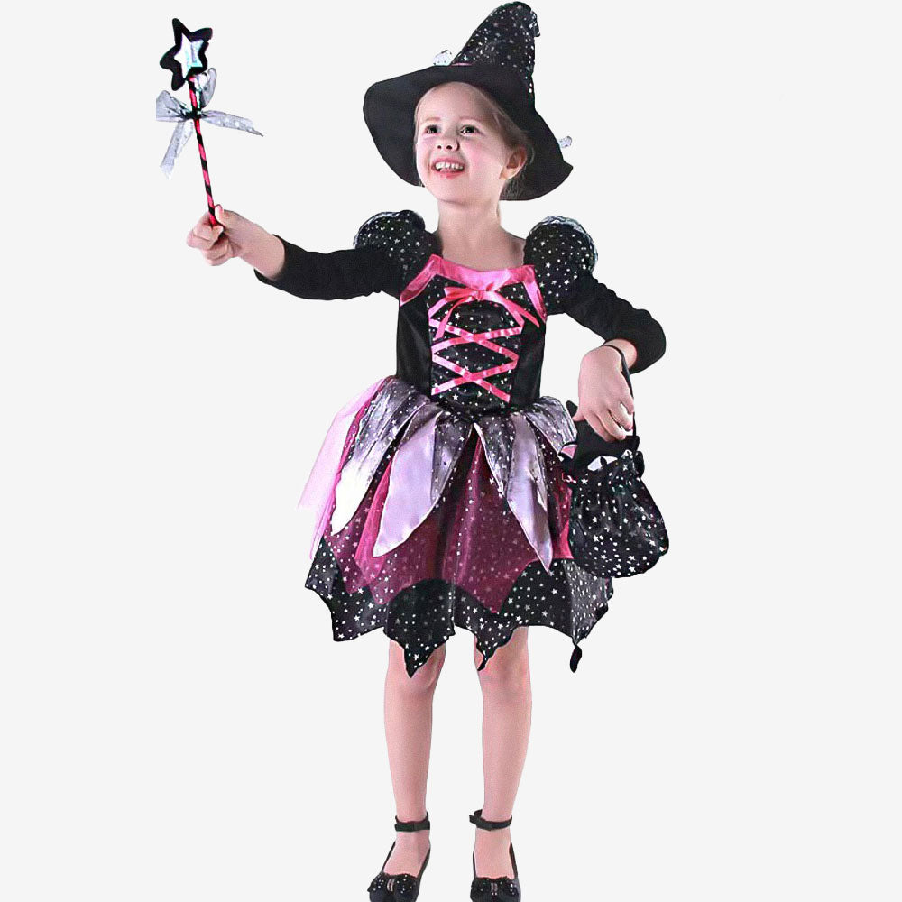 Déguisement de petite sorcière rose et noire