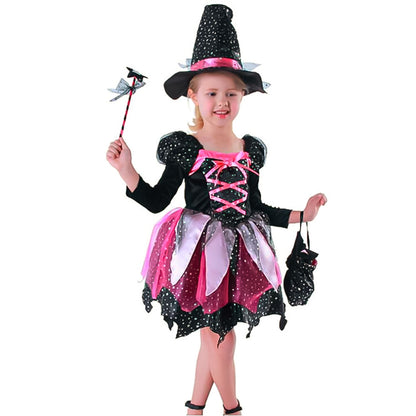 Déguisement de petite sorcière rose et noire