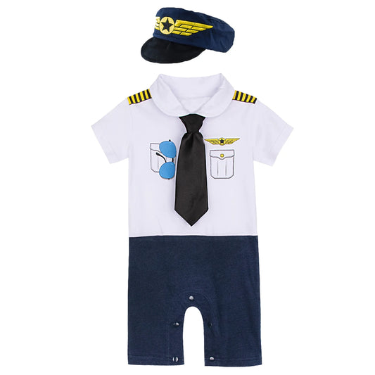 Barboteuse de pilote pour bébés garçons, tenues d'halloween, combinaison Cosplay pour nourrissons, ensembles de vêtements pour tout-petits avec chapeau à cravate, tenues pour nouveau-nés