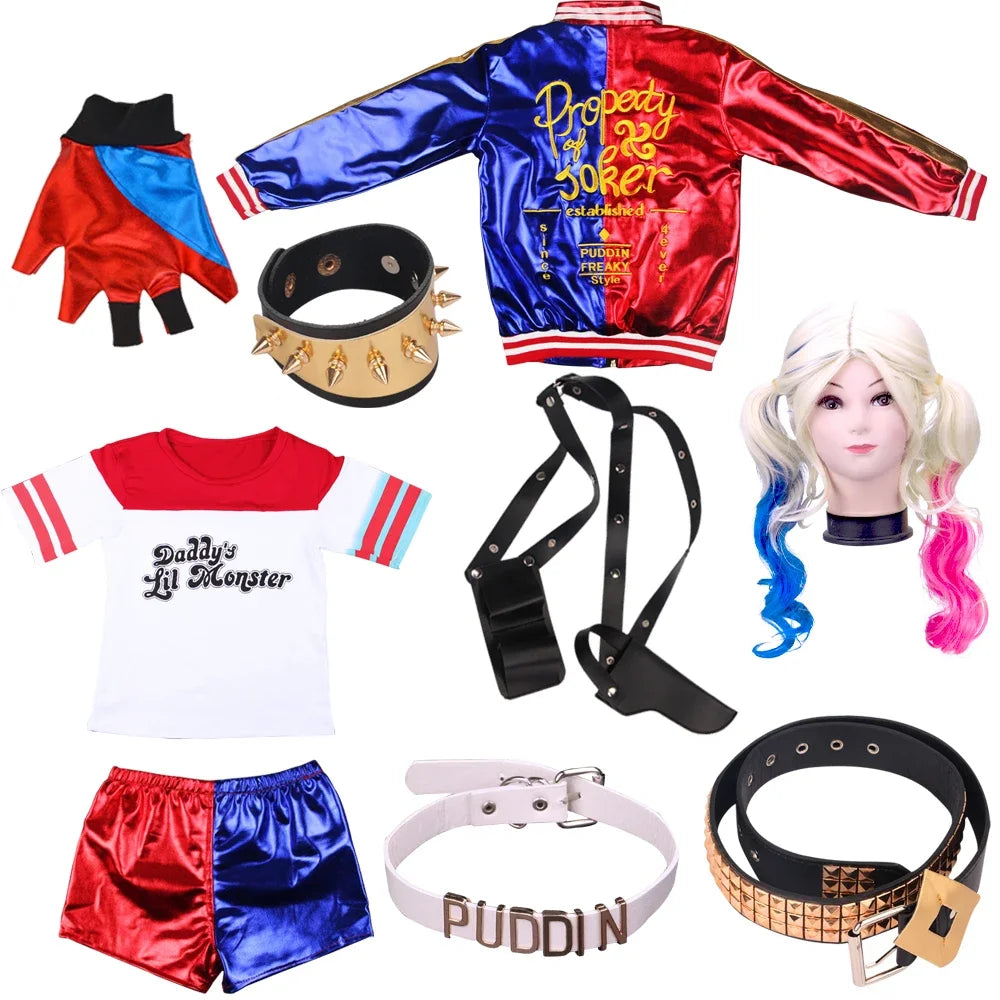 Robe Anime pour adultes, Costume pour femmes, perruque Quinn pour filles, t-shirt, veste Joker, Costume d'halloween,