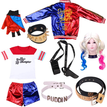 Robe Anime pour adultes, Costume pour femmes, perruque Quinn pour filles, t-shirt, veste Joker, Costume d'halloween,