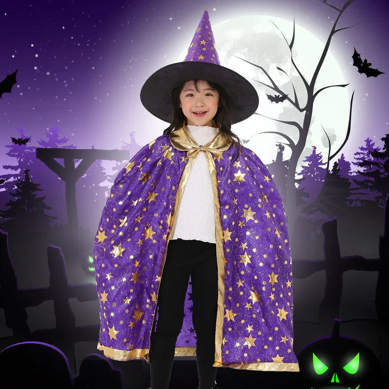 Costume d'Halloween Cape en satin avec chapeau pour enfants garçons magicien filles sorcière Cosplay fête d'Halloween enfant habiller vêtements fantômes 2021