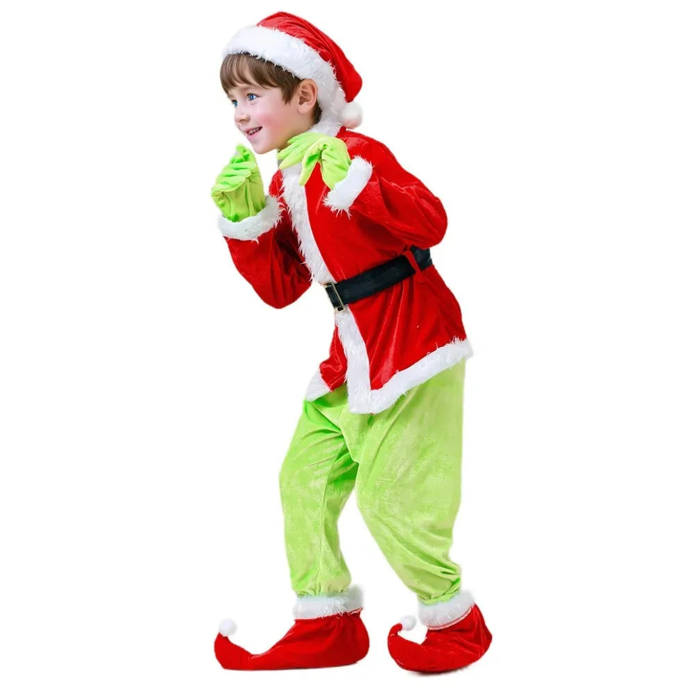 Enfants noël père noël drôle Cosplay Grinches Costume veste pantalon chapeau Costume masque enfants fête Halloween Costume