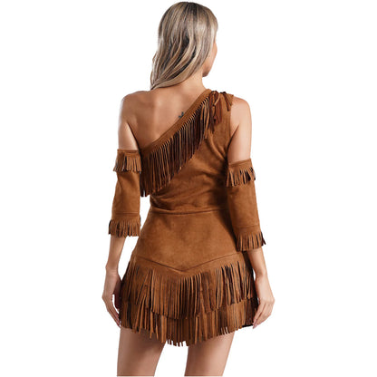 Indiase inheemse kostuums voor dames Savage Halloween Cosplay Aboriginal Outfit Hunter Mouwloze franjejurk met één schouder