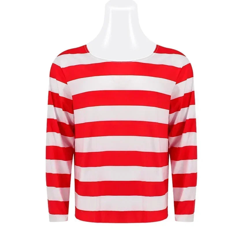 Wheres Waldo chemise rayée jeunes garçons Wally Costume chemise lunettes et chapeau chaussettes unisexe adultes carnaval Cosplay Costume