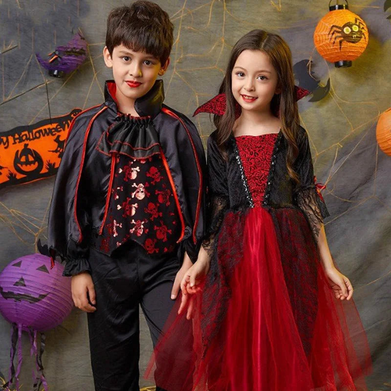 Girls Boys Vampire Dress Kid Ghost Bride Gothic Cosplay Vampire Devil Bat Halloween Costume Vampiran Carnival Outfit Clothes