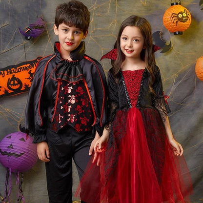 Girls Boys Vampire Dress Kid Ghost Bride Gothic Cosplay Vampire Devil Bat Halloween Costume Vampiran Carnival Outfit Clothes