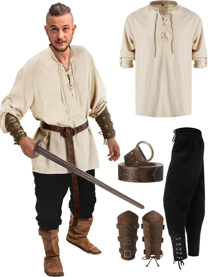 Jiuguva – ensemble de costumes d'halloween pour hommes, chemise de Pirate médiévale, pantalon à bandes à la cheville, accessoires de ceinture Viking, 4 pièces