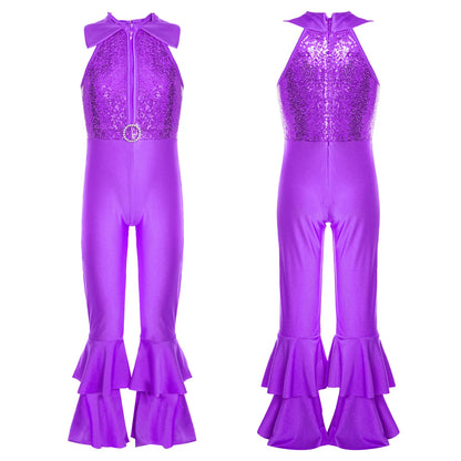 Kids Girls Sequins Hippie Costume New Tank Unitard Bell-bottom Long Pants Bodysuit Jumpsuit for Disco Dance 60s 70s Clothes