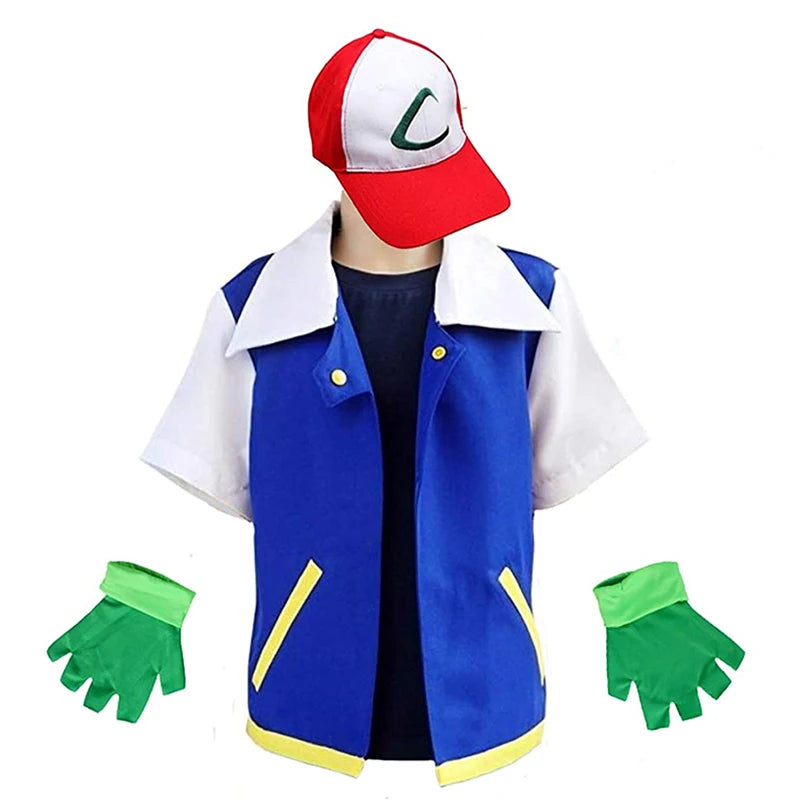 Adult Ash Ketchum Costume for Halloween Men Anime Trainer Cosplay Women Disfraz Party Blue Jacket Cap and Gloves Sets