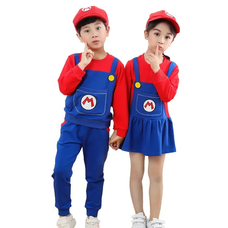 Super Mari0s Bros Anime Cosplay Kostuums met Hoeden Pak Jongens Meisjes Kawaii Dansjurk Prestaties Kostuums Kinderkleding