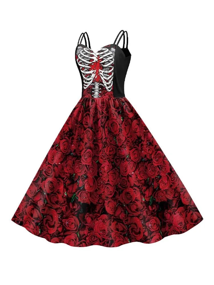 Halloween Cosplay noir foncé Rose crâne robe femmes Costume sans manches Vintage robes de soirée crâne sorcière effrayant filles vêtements