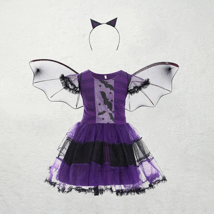 Meisjes Paarse Vleermuis Jurk Kinderen Fancy Cosplay Vampier Demon Kostuum Met Vleugel Hoofddeksels Halloween Carnivat Heks Rollenspel Kleding