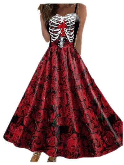 Halloween Cosplay noir foncé Rose crâne robe femmes Costume sans manches Vintage robes de soirée crâne sorcière effrayant filles vêtements