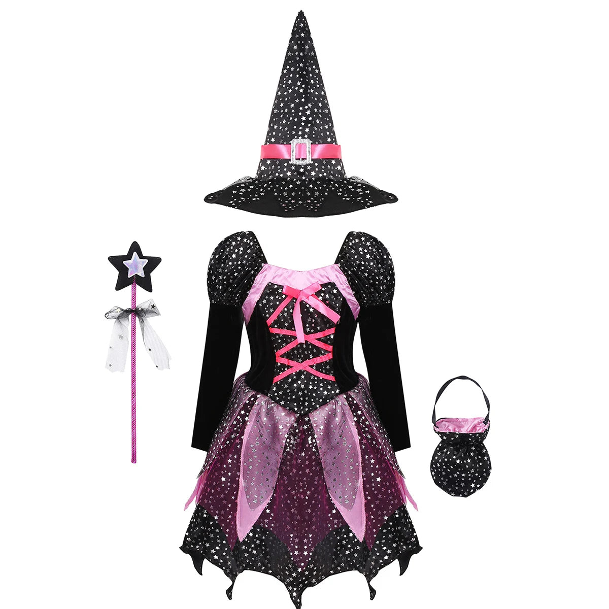 Ensemble de vêtements de sorcière 4 pièces, robe + chapeau + baguette + sac, Costume de magicien d'halloween pour filles, maquillage pour enfants, vêtements de fête Hag Witch, 2024