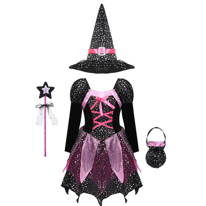 Ensemble de vêtements de sorcière 4 pièces, robe + chapeau + baguette + sac, Costume de magicien d'halloween pour filles, maquillage pour enfants, vêtements de fête Hag Witch, 2024