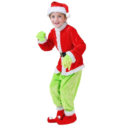 Enfants noël père noël drôle Cosplay Grinches Costume veste pantalon chapeau Costume masque enfants fête Halloween Costume
