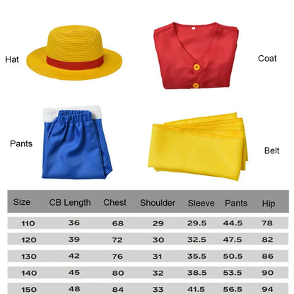 Costume de Cosplay Luffy pour enfants, avec chapeau de paille, uniforme de carnaval d'halloween, manteau, pantalon, ceinture, ensemble complet