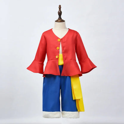 Costume de Cosplay Luffy pour enfants, avec chapeau de paille, uniforme de carnaval d'halloween, manteau, pantalon, ceinture, ensemble complet
