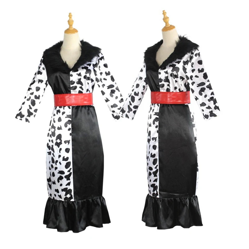 Filles femmes Cruella Cosplay adulte Cruella De Vil robe masque collier dalmatien Costume Deville robe Halloween Costume