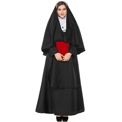 Nun Sister Habit Kostuum Halloween Vrouwen Christelijke Missionaris Katholiek Cosplay Carnaval Fantasia Fancy Dress Balck Lange Jurk