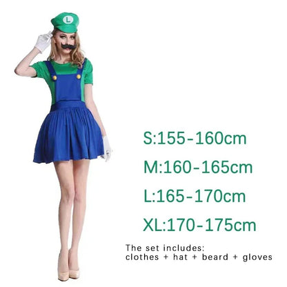 Game Marios Super Luigi Brothers Uniform Set Cosplay Kostuums Grappige Anime Volwassen Mannen Jumpsuit Vrouw Jurk Halloween Kostuum