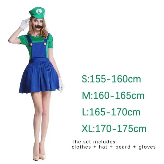 Game Marios Super Luigi Brothers Uniform Set Cosplay Kostuums Grappige Anime Volwassen Mannen Jumpsuit Vrouw Jurk Halloween Kostuum