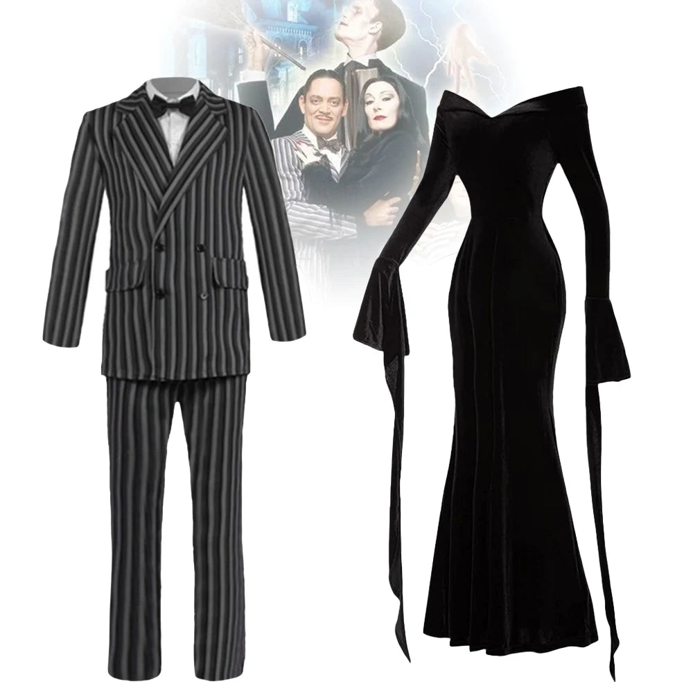 Nieuwe De Addams Cosplay Familie Woensdag Addams Kostuum Halloween Zwarte Jurk Witte Spot Voor Vrouwen Cosplay Kostuum