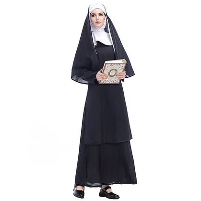 Nun Sister Habit Kostuum Halloween Vrouwen Christelijke Missionaris Katholiek Cosplay Carnaval Fantasia Fancy Dress Balck Lange Jurk