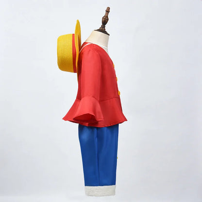 Costume de Cosplay Luffy pour enfants, avec chapeau de paille, uniforme de carnaval d'halloween, manteau, pantalon, ceinture, ensemble complet