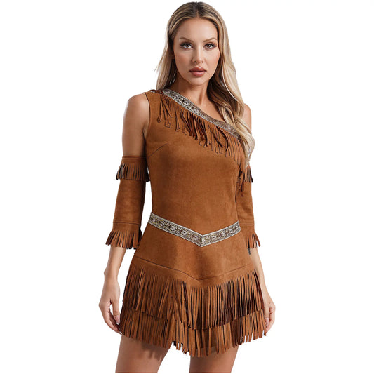 Indiase inheemse kostuums voor dames Savage Halloween Cosplay Aboriginal Outfit Hunter Mouwloze franjejurk met één schouder