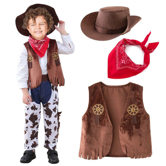 4 STKS Cowboy Dress Up Outfits Past Baby Jongens Kleding Vest + Sjaal + Broek + Hoeden Voor Peuter Purim Halloween Carnaval Verjaardag kostuum