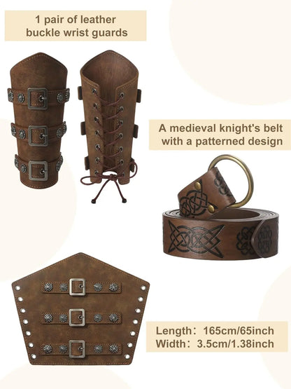 Jiuguva – ensemble de costumes d'halloween pour hommes, chemise de Pirate médiévale, pantalon à bandes à la cheville, accessoires de ceinture Viking, 4 pièces
