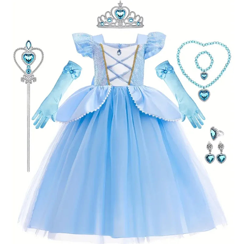 Assepoester Cosplay Kostuum Kinderkleding voor Meisjes Pailletten Prinses Jurk met Kroon Handschoenen Verjaardagsfeestje Baljurk 3-10 Jaar
