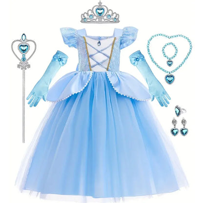 Assepoester Cosplay Kostuum Kinderkleding voor Meisjes Pailletten Prinses Jurk met Kroon Handschoenen Verjaardagsfeestje Baljurk 3-10 Jaar