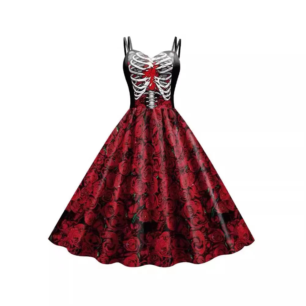 Halloween Cosplay noir foncé Rose crâne robe femmes Costume sans manches Vintage robes de soirée crâne sorcière effrayant filles vêtements