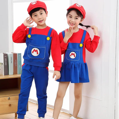 Super Mari0s Bros Anime Cosplay Kostuums met Hoeden Pak Jongens Meisjes Kawaii Dansjurk Prestaties Kostuums Kinderkleding
