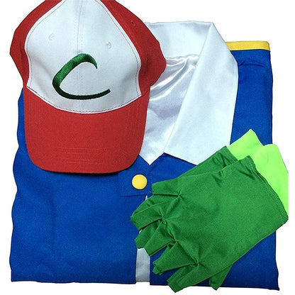 Adult Ash Ketchum Costume for Halloween Men Anime Trainer Cosplay Women Disfraz Party Blue Jacket Cap and Gloves Sets