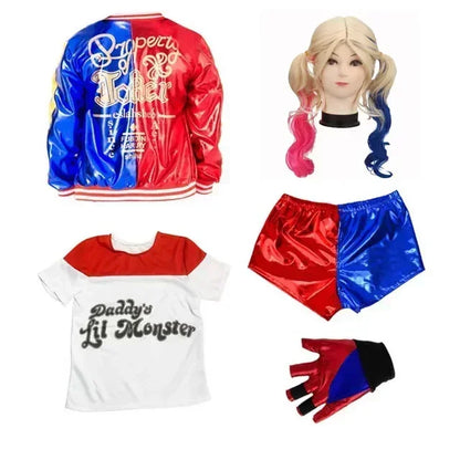 Costumes de Cosplay de Suicide Harley Squad Monster, chemise, veste, pantalon, Bracelet, ceinture, collier, gants, Costume d'halloween