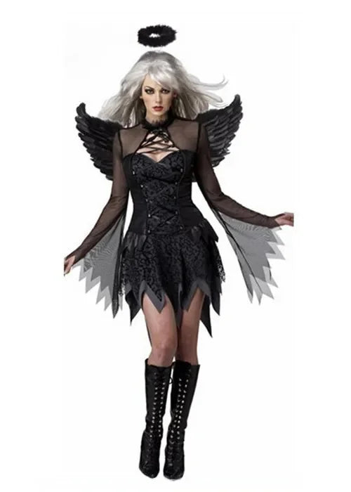 Halloween Cosplay diable jeu de rôle mauvaise sorcière ailes d'ange noires jupe de déesse Costume de danse moderne pour femmes usage spécial Unique