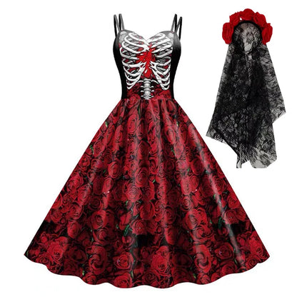 Halloween Cosplay noir foncé Rose crâne robe femmes Costume sans manches Vintage robes de soirée crâne sorcière effrayant filles vêtements