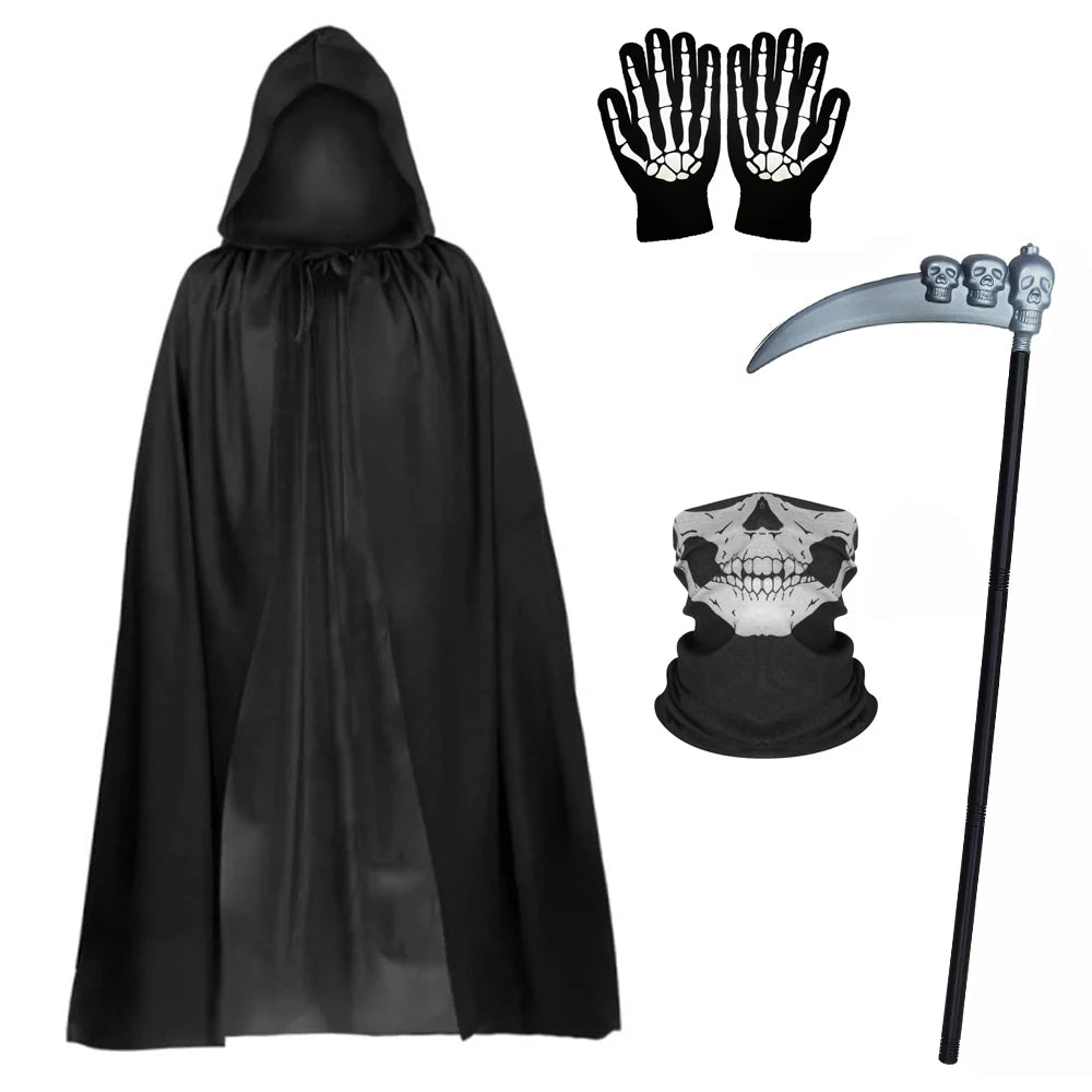 Hot1/4Piece set Halloween Party Role Playing Children Adult Death Black Cloak Halloween Skull Ball Costume Prop Set Holiday Gif