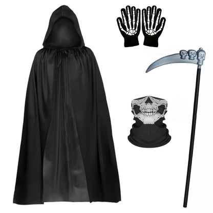 Hot1/4Piece set Halloween Party Role Playing Children Adult Death Black Cloak Halloween Skull Ball Costume Prop Set Holiday Gif