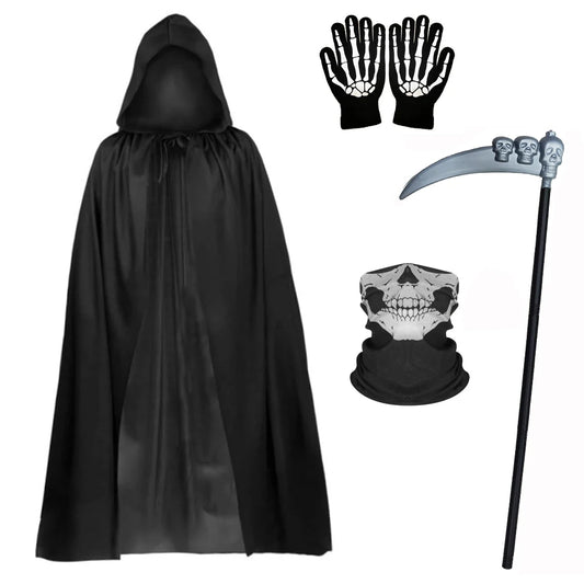 Hot1/4Piece set Halloween Party Role Playing Children Adult Death Black Cloak Halloween Skull Ball Costume Prop Set Holiday Gif