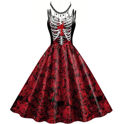 Halloween Cosplay noir foncé Rose crâne robe femmes Costume sans manches Vintage robes de soirée crâne sorcière effrayant filles vêtements
